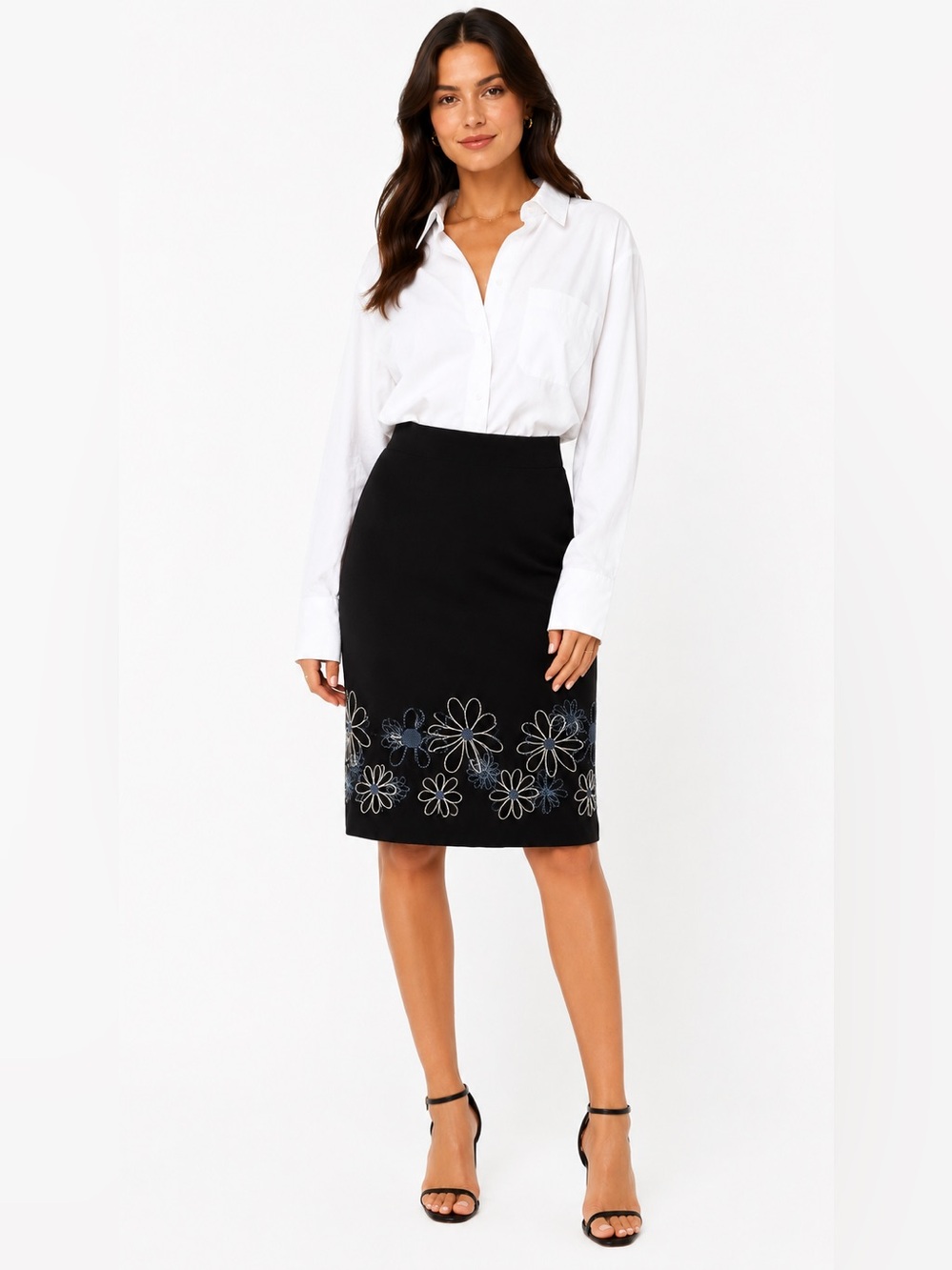 Y2K Ann Taylor Womens Knee Length Skirt w/ Floral Embroidery in Black/Blue Sz L
